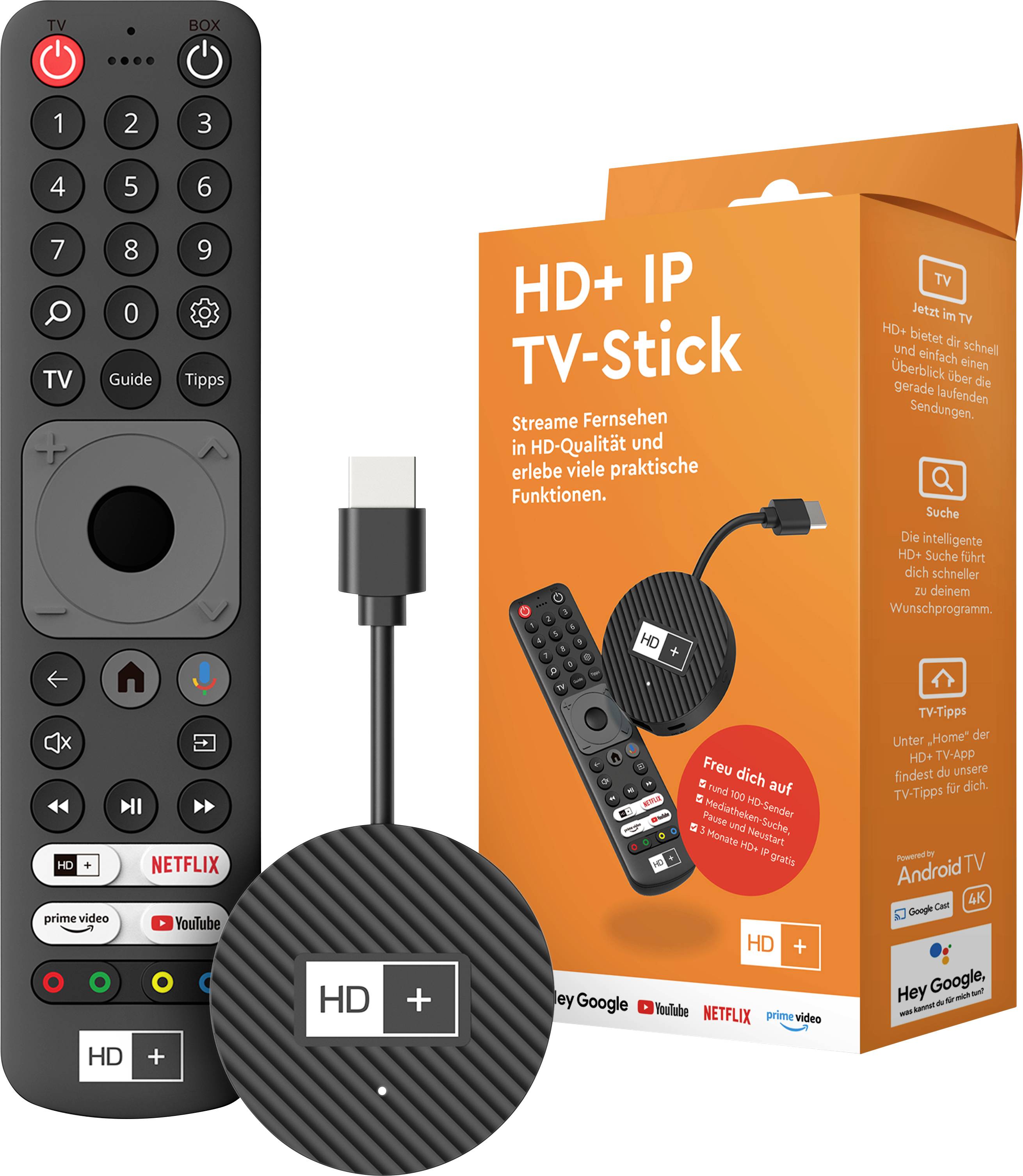 'HD+ IP TV-Stick' ambalaža pored daljinskog upravljača i samog sticka. Tekst: 'Strimaj televiziju u HD kvaliteti i doživi mnoštvo praktičnih funkcija.'