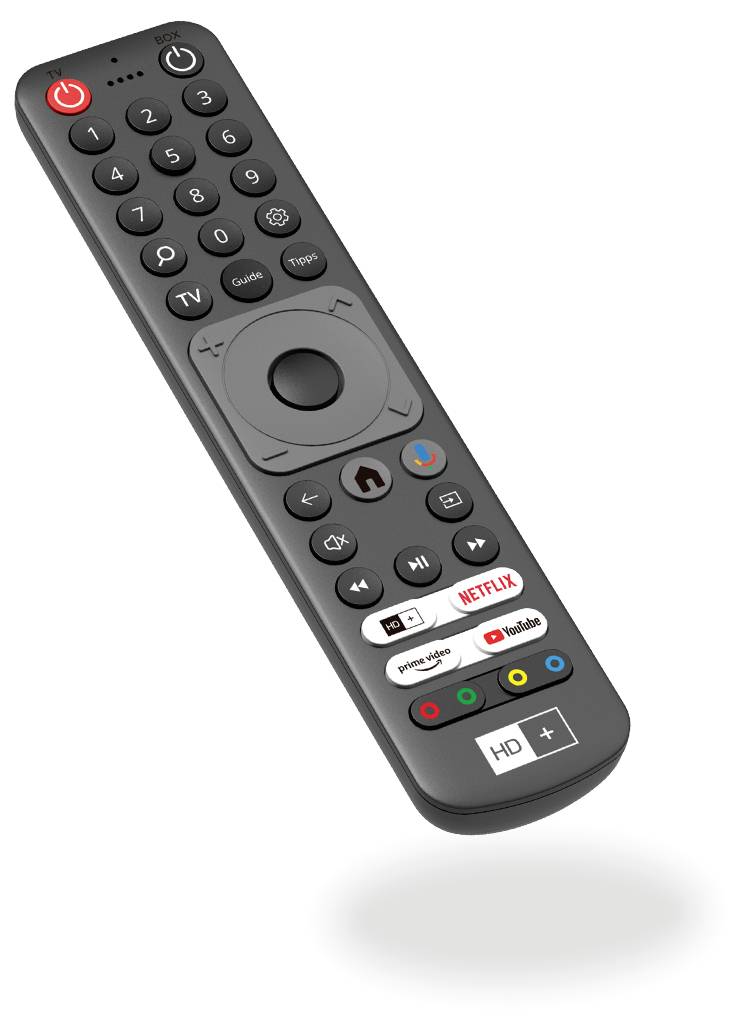 Crna daljinski upravljač s tipkama za Netflix, Prime Video i YouTube. Glavne navigacijske tipke nalaze se u sredini.