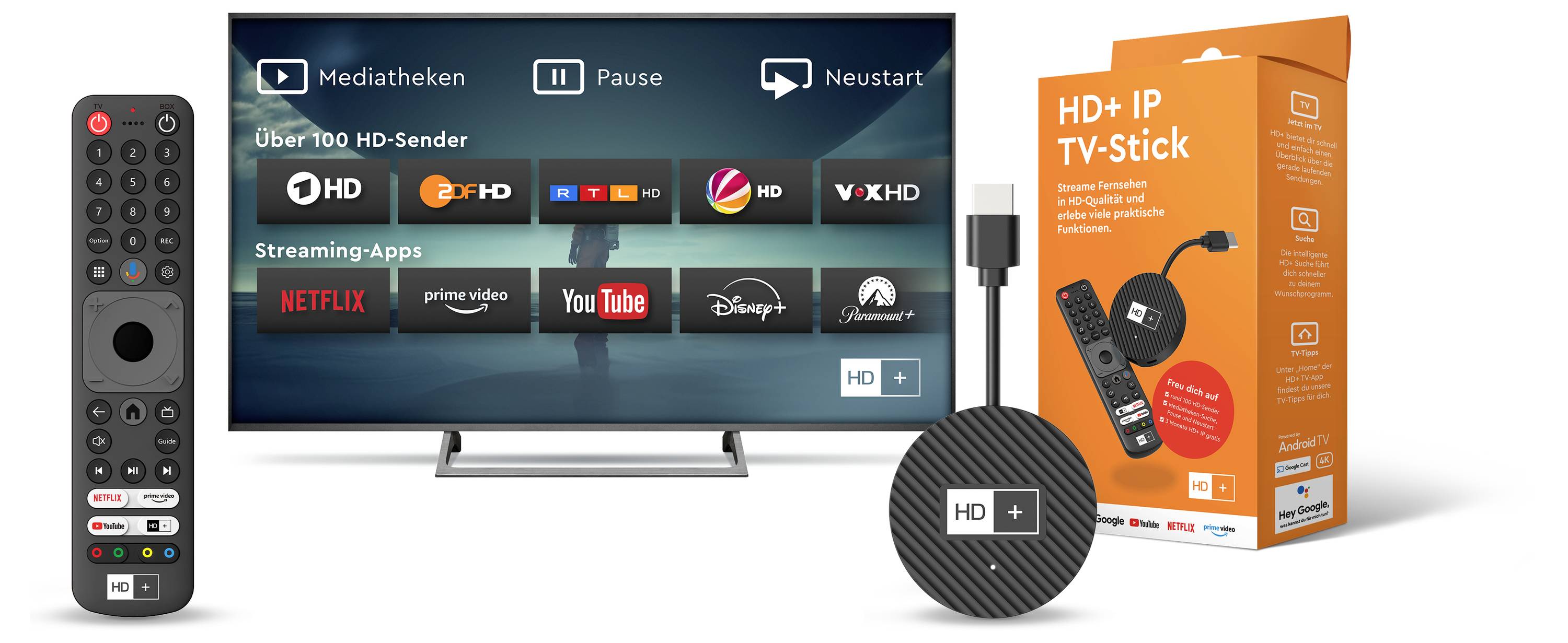 Televizor prikazuje streaming servise i HD kanale. Pored njega daljinski upravljač i HD+ IP TV stick s ambalažom. Streaming i HD televizija.