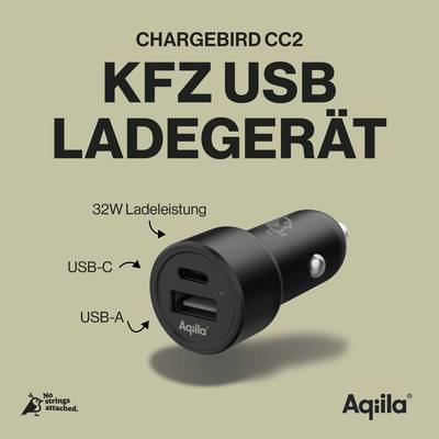 Automobilski USB punjač snage 32W; Priključci: USB-C, USB-A; Naziv marke 'Aqiila'; Tekst: 'Bez ikakvih ograničenja'.