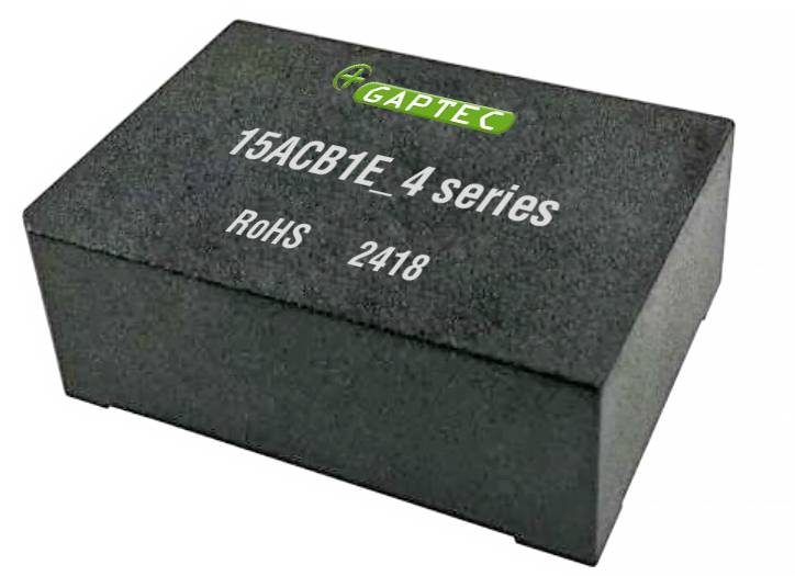 Crni elektronički komponenenti dio s natpisom 'GAPTEC 15ACB1E_4 series RoHS 2418'.