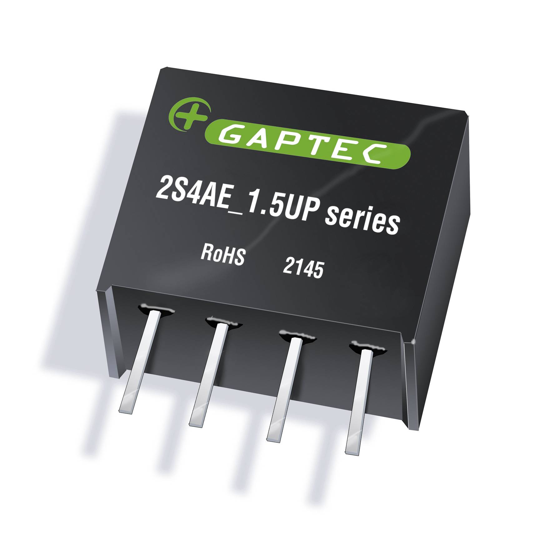 Crni elektronički element s natpisom 'GAPTEC 2S4AE_1.5UP series RoHS 2145', prikazuje nekoliko priključnih pinova ispod.