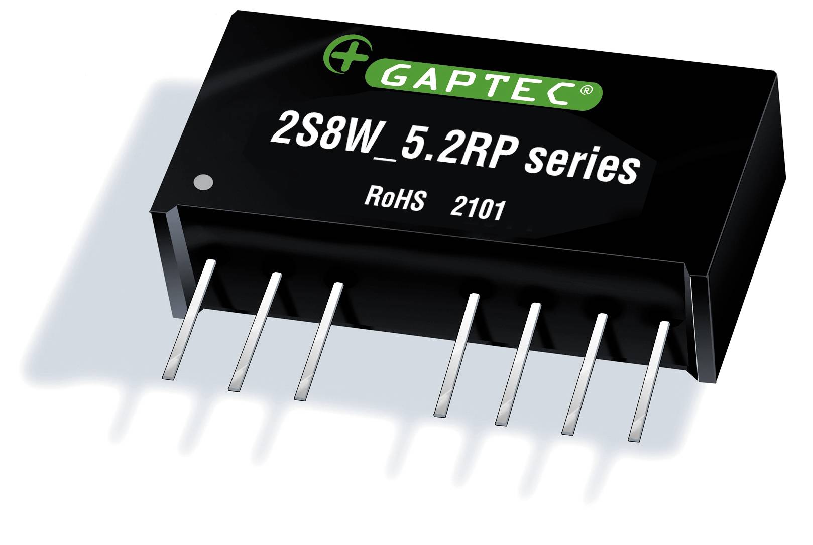 Elektronička komponenta, crni čip marke 'GAPTEC', model '2S8W_5.2RP series', prikazuje šest metalnih pinova.