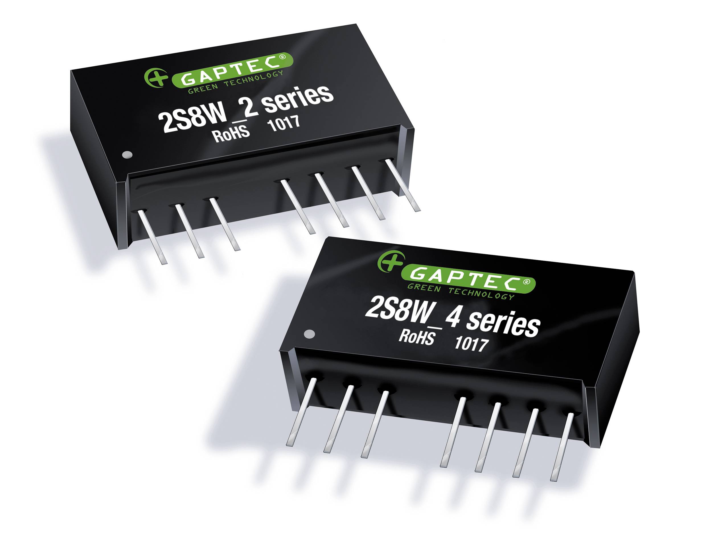 Dva crna elektronička komponenta s natpisima 'GAPTEC', '2S8W 2 serija', '2S8W 4 serija' i 'RoHS 1017'. Više priključnih pinova.