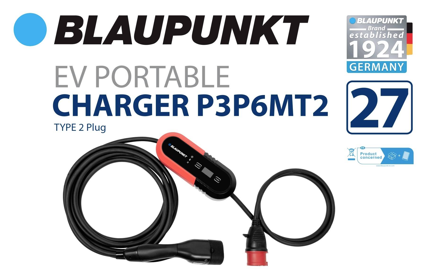 'BLAUPUNKT EV Prijenosni punjač P3P6MT2' s utičnicom Tip 2 i kabelom. Logotip marke, godina osnivanja 1924. u Njemačkoj, prikazan proizvod.
