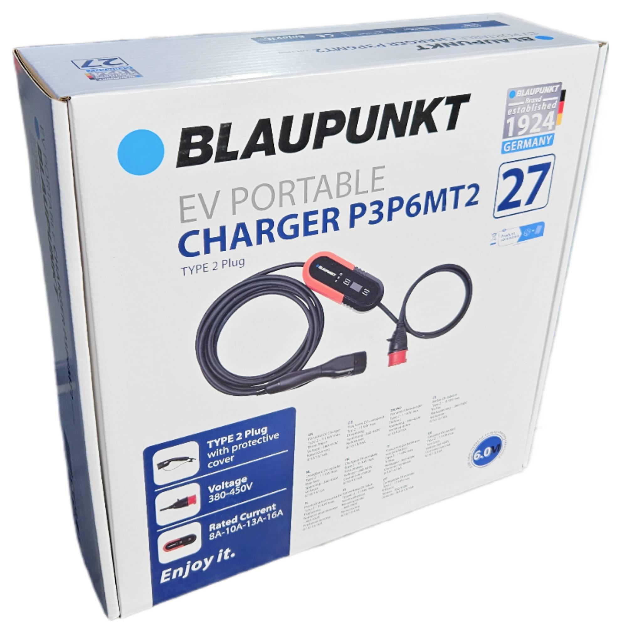 Punjač od BLAUPUNKT-a za električna vozila, model P3P6MT2, specificiran za utikač tipa 2 i napon od 380-430V.