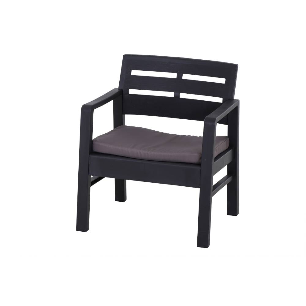 Crni vrtni stolac ravnog naslonjača i naslonjača za ruke, s prigušeno sivim jastučićem za sjedenje. Pogodan za vanjske prostore.