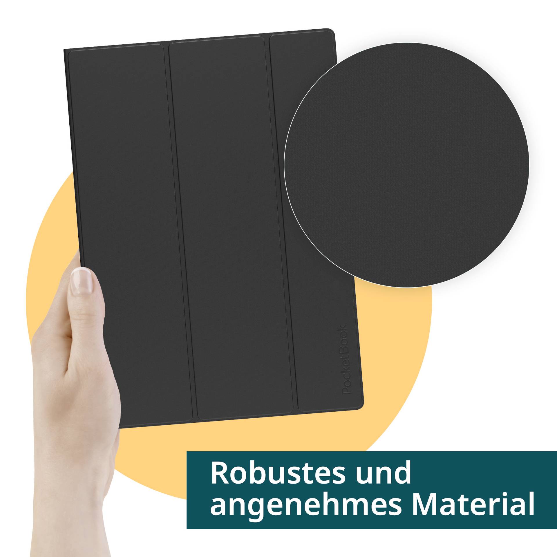 Jedna ruka drži crni tablet etui ispred narančastog kruga. Tekst dolje: 'Robustan i ugodan materijal'.