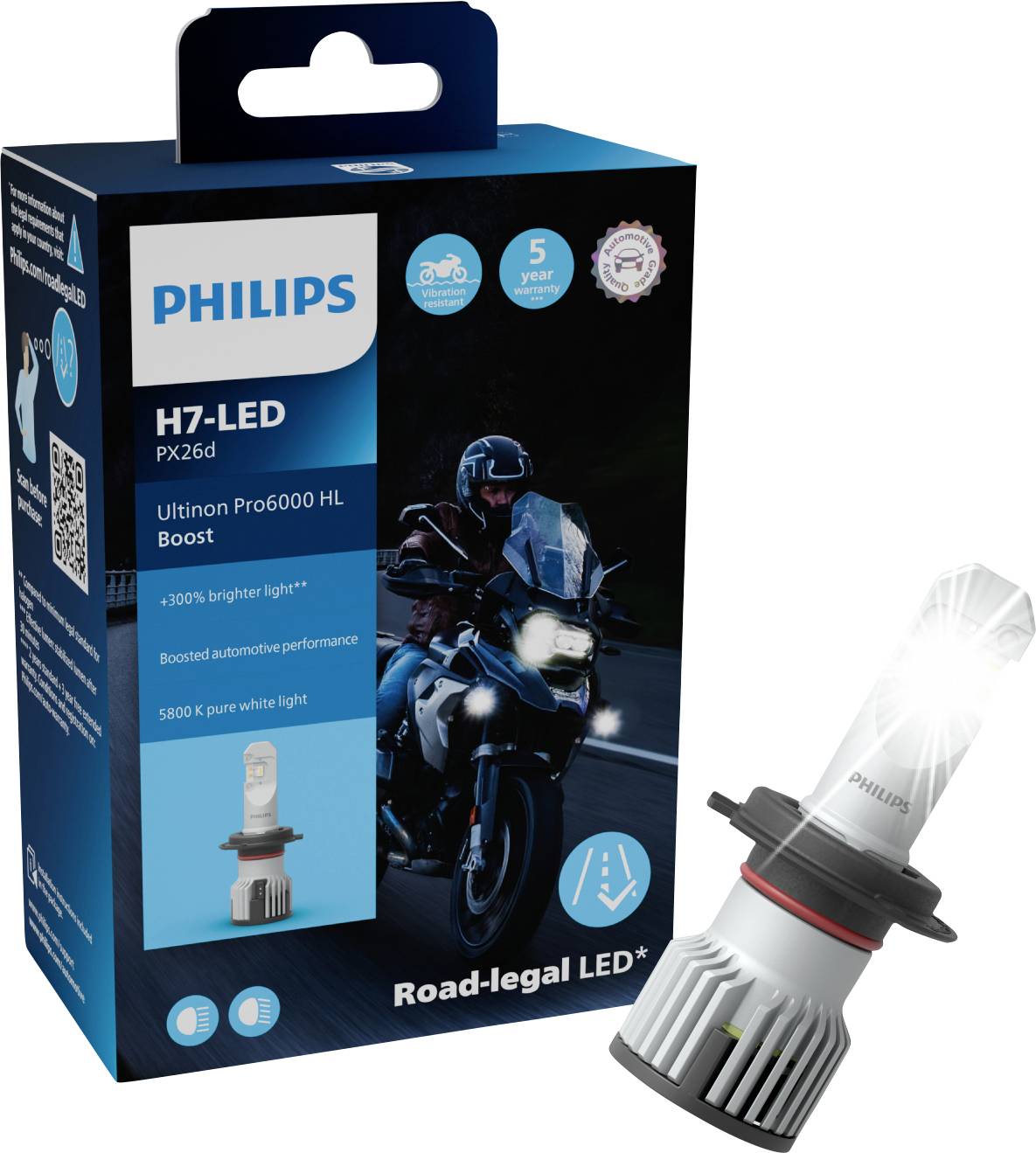 'Philips H7-LED PX26d Ultion Pro6000 HL Boost' Motociklistički paket svjetla; prikazuje jako LED svjetlo; 5 godina jamstva.
