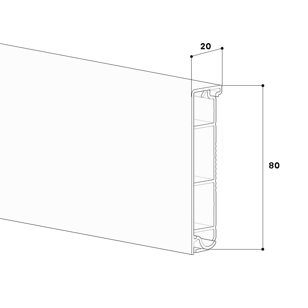Tehnički nacrt pravokutnog profila, visine 80 mm, širine 20 mm, presjek prikazan s unutarnjim šupljinama.