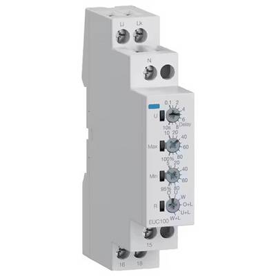 Bijeli elektronički uređaj za montažu na DIN-šine s nekoliko regulacijskih gumba za podešavanje različitih električnih parametara.