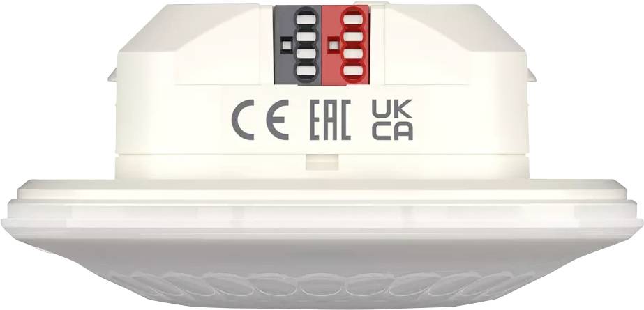 Okrugli, bijeli detektor dima s CE-, EAC- i UK CA-certifikatima, prikazuje četiri prekidača na crvenoj i crnoj podlozi.