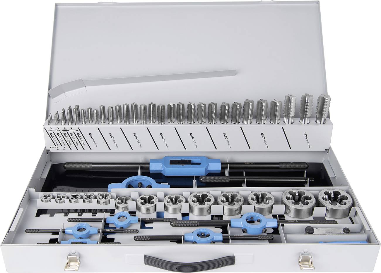 Otvoreni set za rezanje navoja koji se sastoji od ureznice, nareznice i držača, dostupan u različitim veličinama.