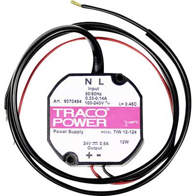 Okrugli mrežni adapter tvrtke Traco Power s kabelima. Natpis: 'TRACO POWER', ulaz: 50/60Hz, 0,3-0,14A, 100-240V, izlaz: 24V, 0,5A, 12W.
