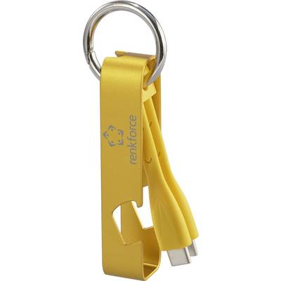 Žuti USB-C kabel i otvarač za boce kao privjesak za ključeve od renkforce-a. Praktičan višenamjenski alat u kompaktnom obliku.