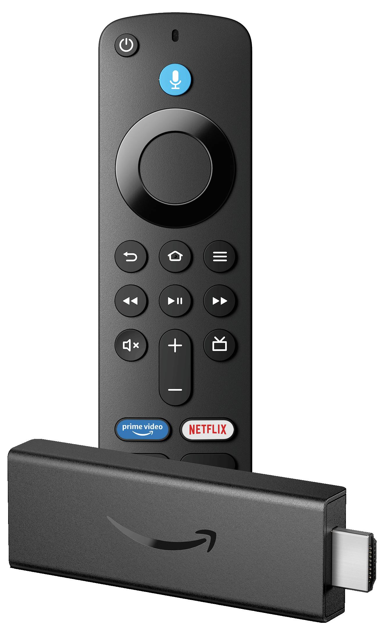 Crni TV streaming štapić s daljinskim upravljačem, gumbima za glasnoću, mikrofonom, Prime Video i Netflix apliciraima. Štapić ima ugrađeni Amazon logotip.