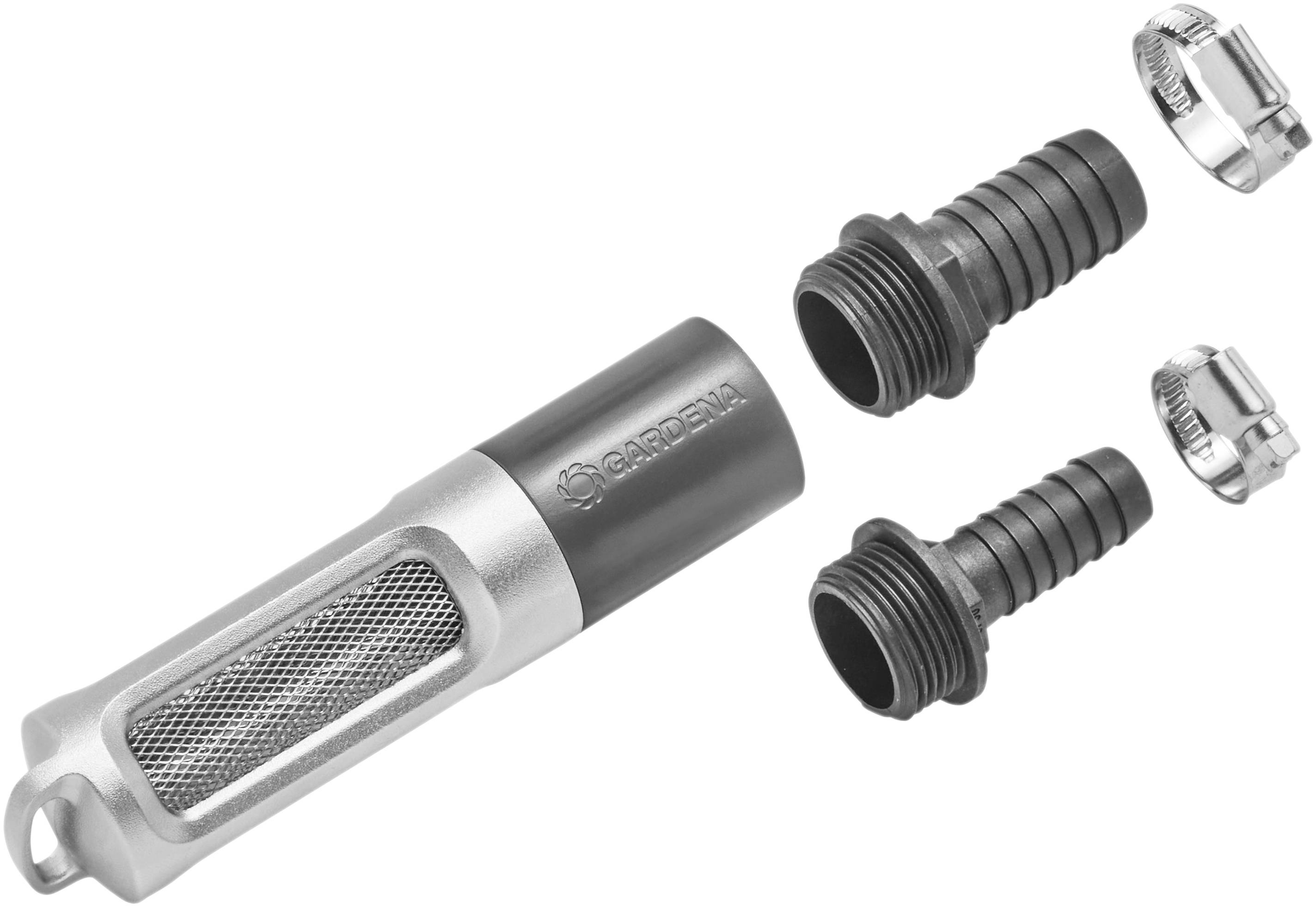 Metalni filter set s dva priključka za crijevo i dvije cijevi za stezanje. Primjena u vrtnim sustavima za filtriranje vode.