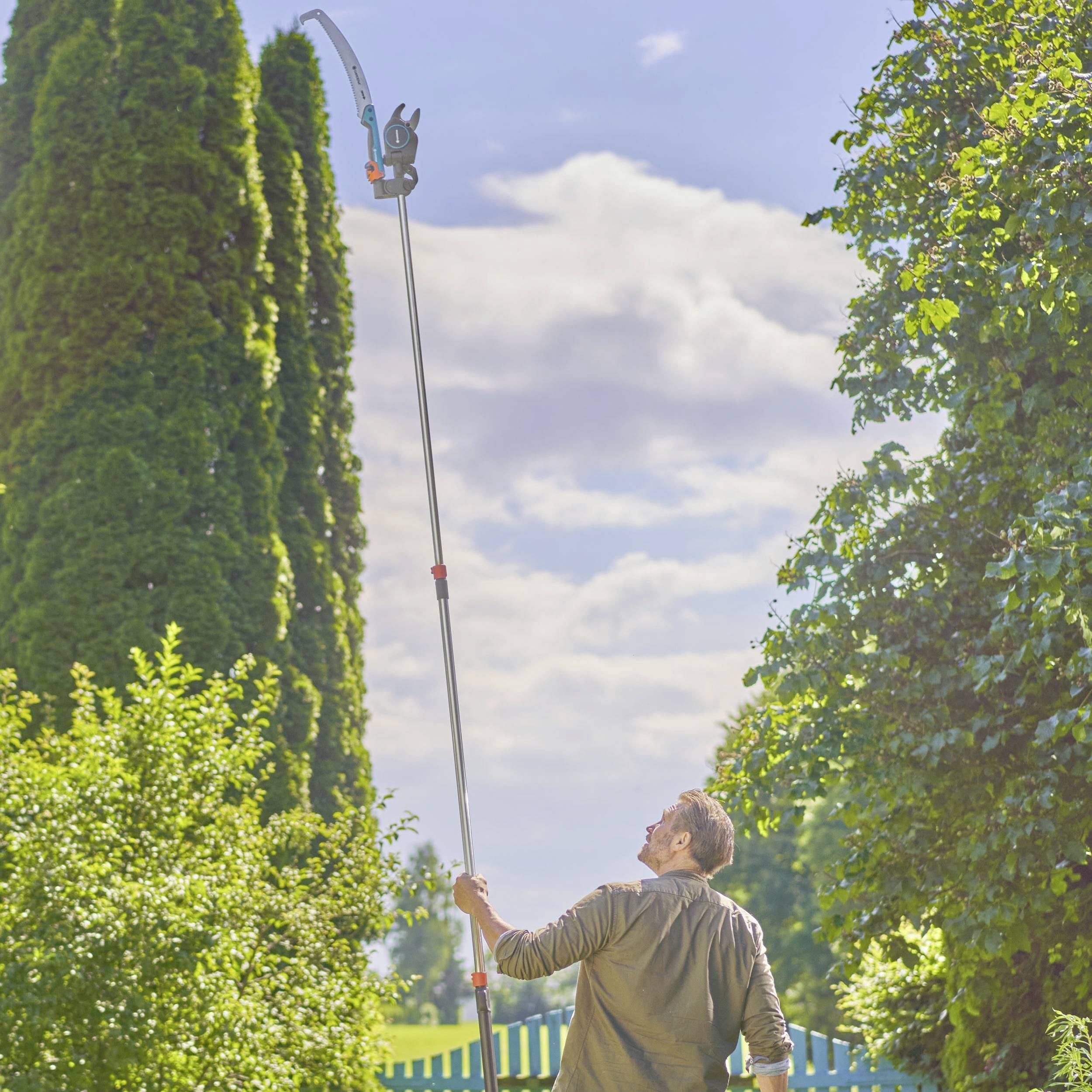 Muškarac koristi dugačke vrtne škare za rezanje grana visokog, gustog stabla. U pozadini se naziru još neka stabla.