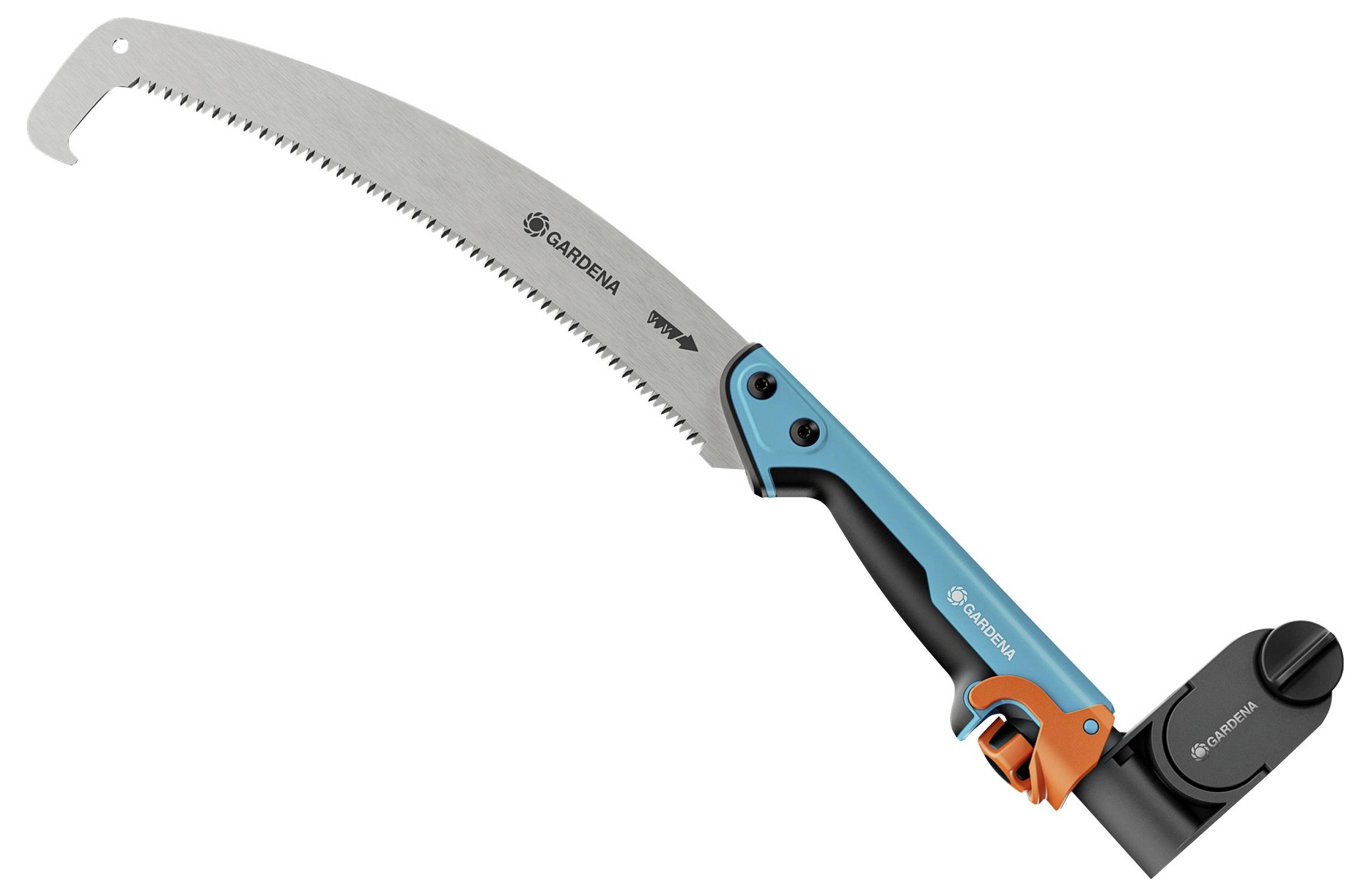 Vrtna pila s dugačkom zakrivljenom pilom i ergonomskom ručkom, pogodna za rezanje grana i manjih stabala.