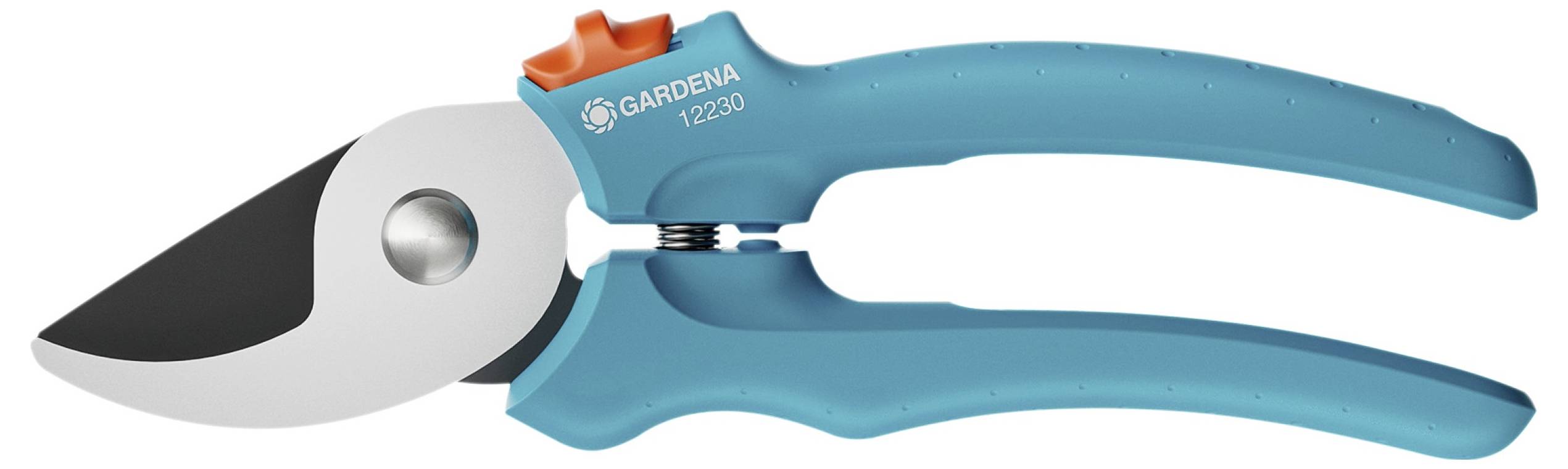 Vrtne škare s tirkiznim ručkama i crnim oštricama od Gardene, pogodne za rezanje biljaka i manjih grana.