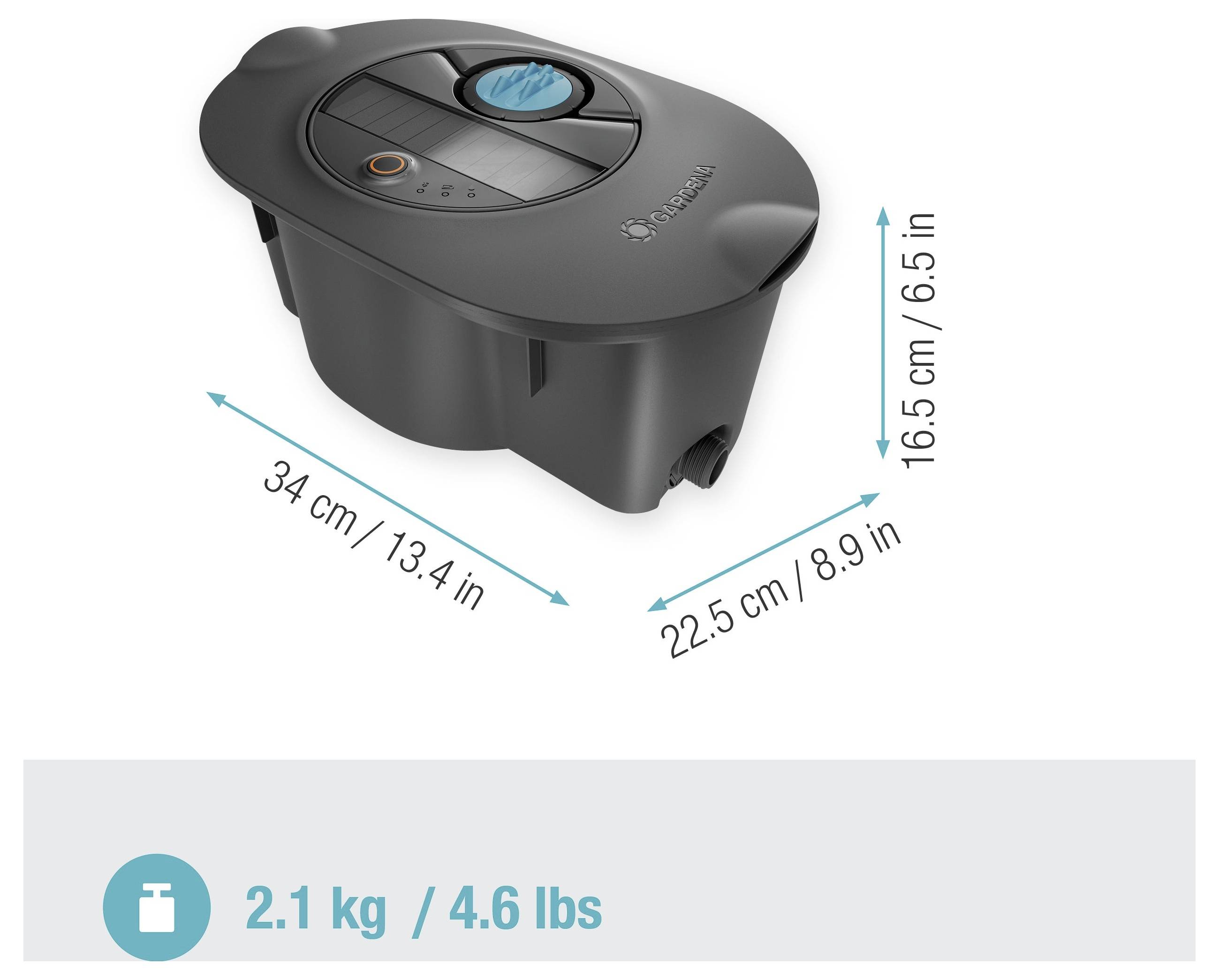 Crni pravokutni dio robota s dimenzijama: 34 cm (13,4 in) dužina, 22,5 cm (8,9 in) širina, 16,5 cm (6,5 in) visina; težina: 2,1 kg (4,6 lbs).