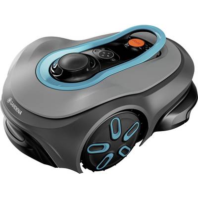 Elegantan, sivi robotski mulčač s plavim akcentima i digitalnom kontrolnom pločom.
