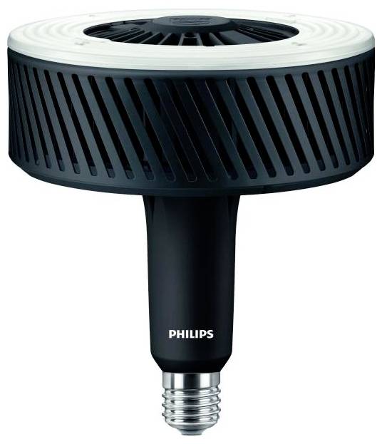 Crna Philips LED žarulja s E27 podnožjem. Ima okrugli, rebrasti hladnjak na vrhu i pogodna je za velike svjetiljke.
