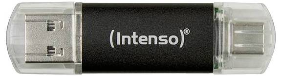 USB stick s natpisom 'Intenso' ima prozirne čepove i spojene priključke na obje strane.