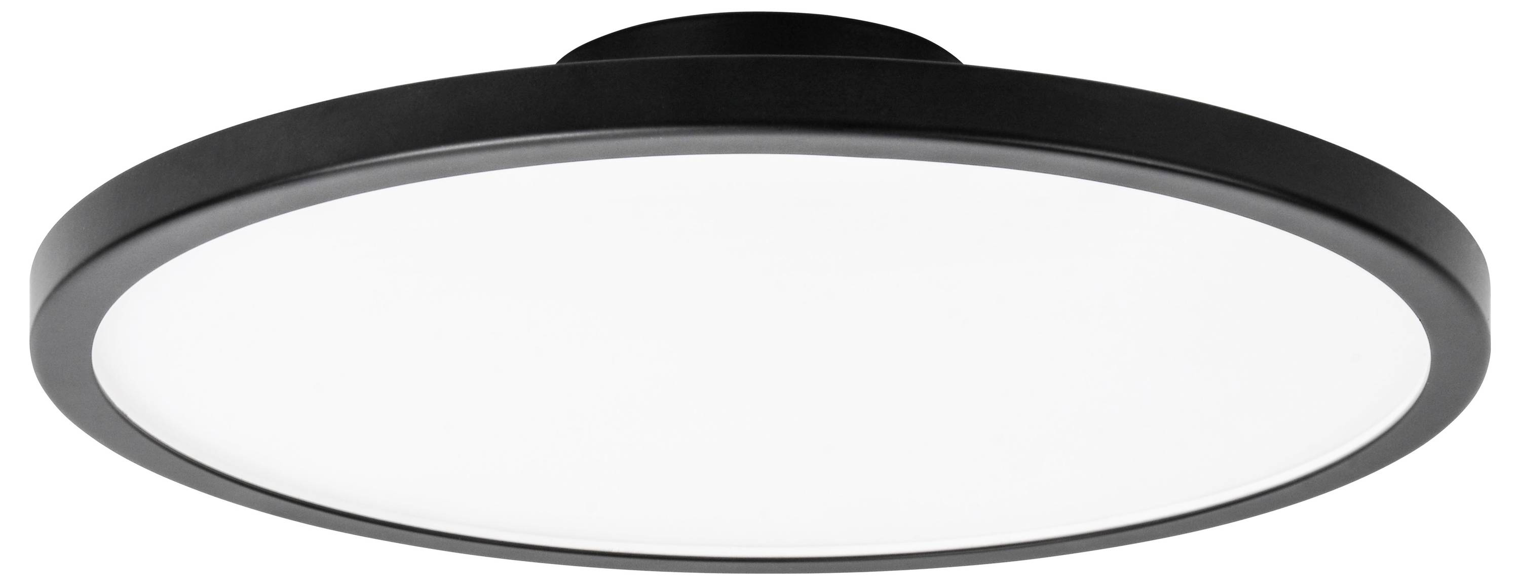 Okrugla crna stropna lampa s ravnim, minimalistički dizajniranim izgledom i bijelom površinom za osvjetljenje, pogodna za moderne unutarnje prostore.