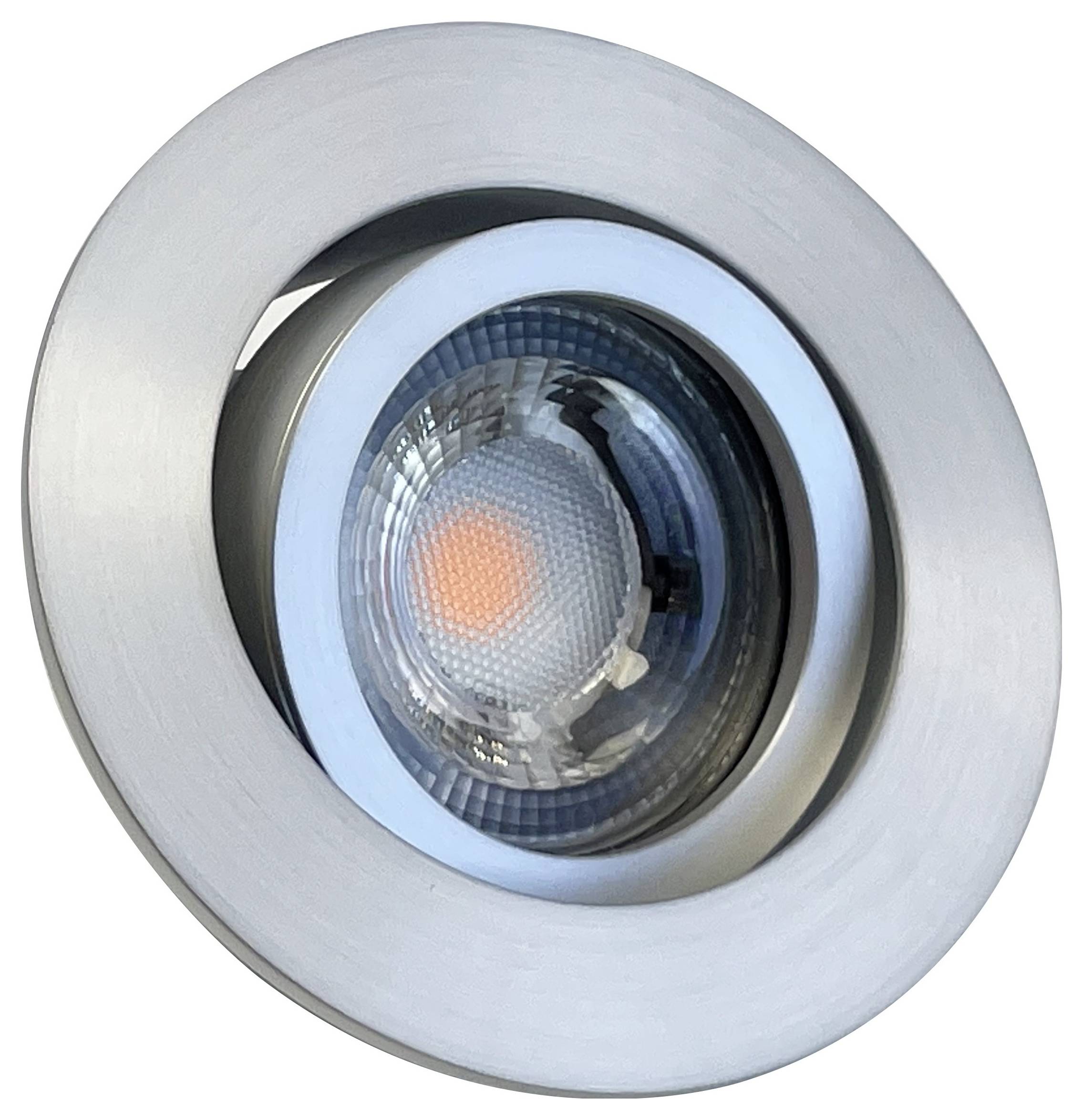 Srebrna LED stropna ugradbena lampa u kružnom kućištu, upaljena.
