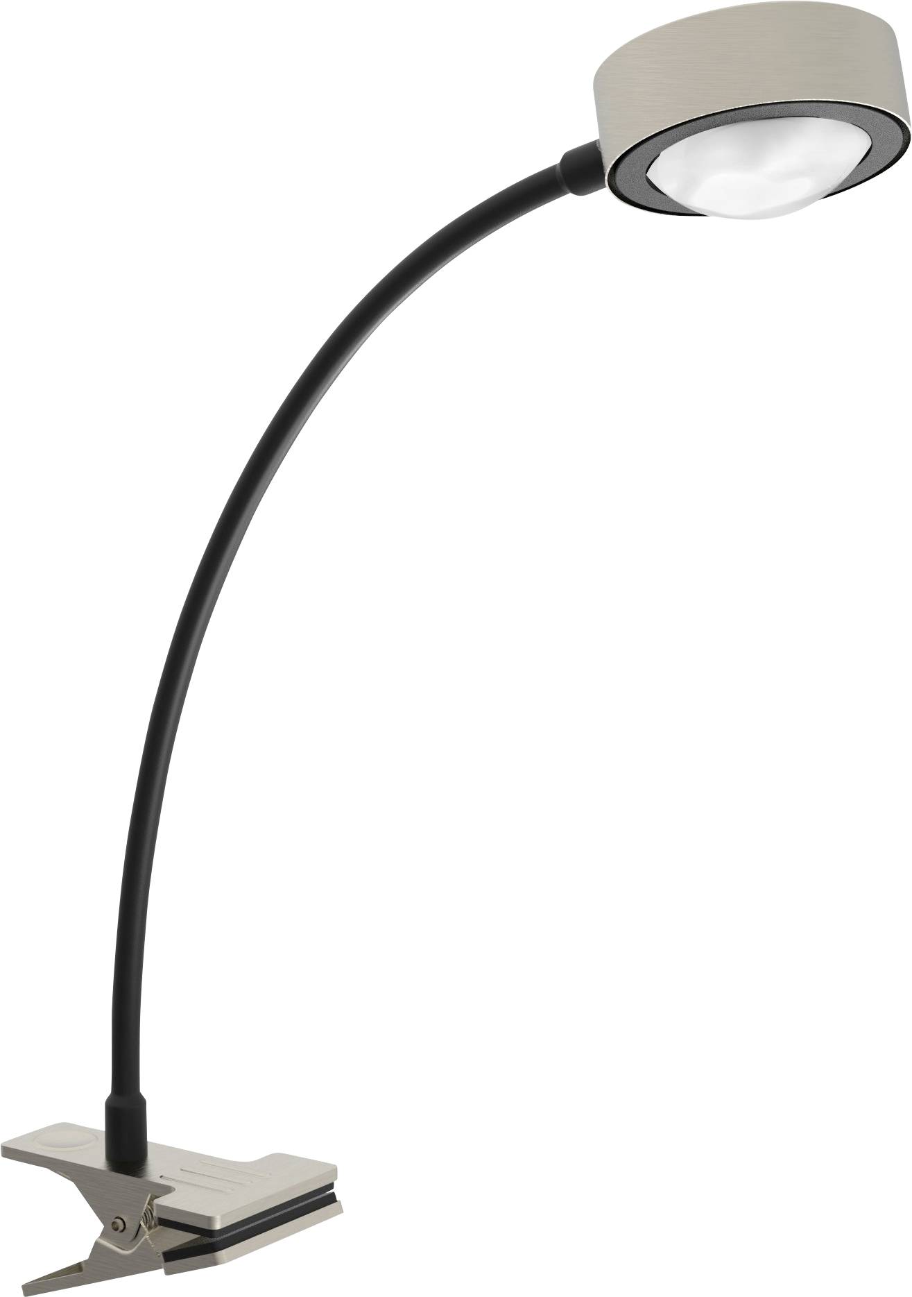 Stezaljka lampa s fleksibilnim vratom u crnoj boji, sa srebrnom glavom lampe i klips postoljem. Pogodna za precizno osvjetljenje na radnim stolovima.