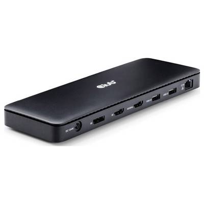 Crna USB dok-stanica od 'Plugable' s više priključaka, uključujući HDMI, Ethernet i USB priključke, na bijeloj pozadini.