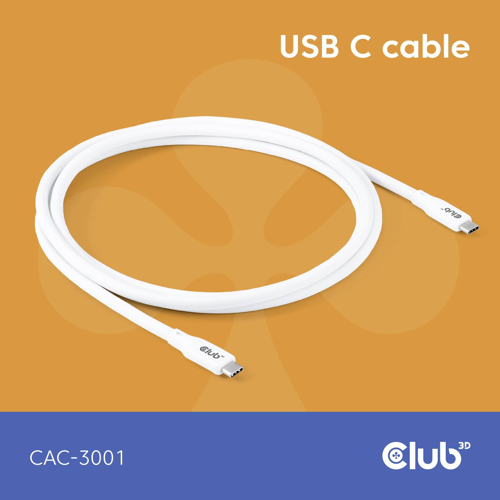 USB C kabel u bijeloj boji, marke Club3D, model CAC-3001, ispred narančaste pozadine s logom.