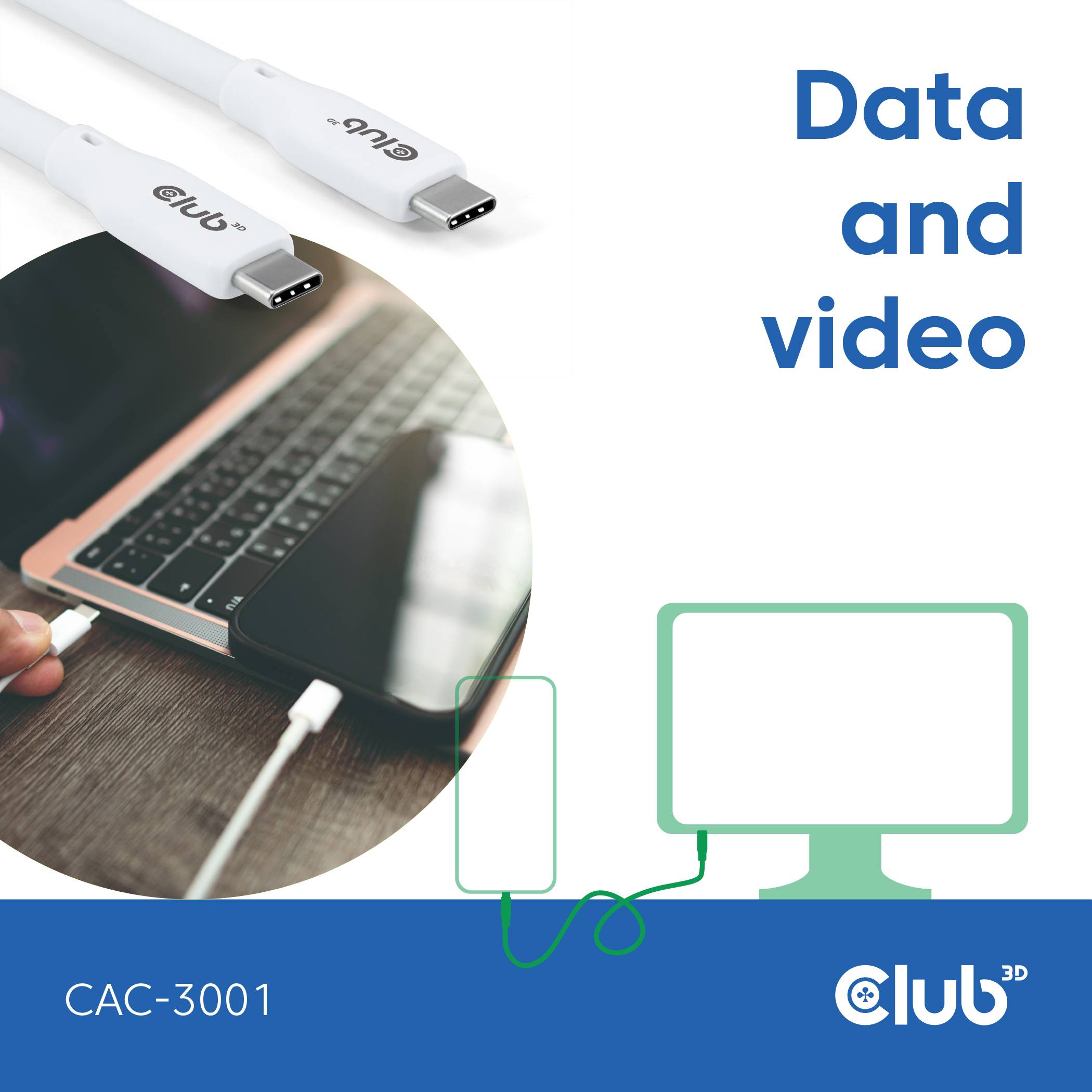 club3D USB-C kabel USB 4.0 USB-C® utikač 2.00 m bijela CAC-3001-4