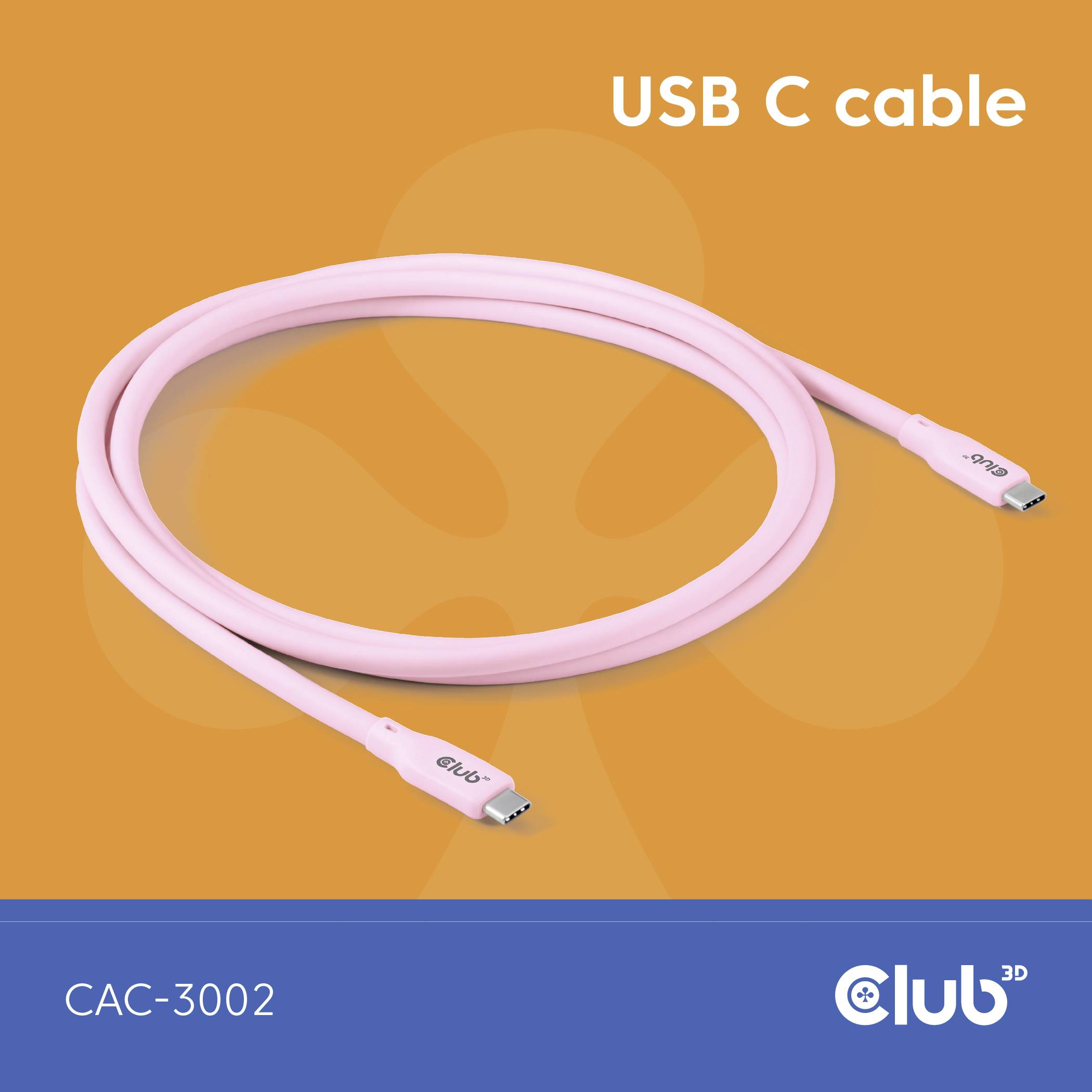 Ružičasti USB-C kabel marke 'Club', model 'CAC-3002', leži na žutoj pozadini.