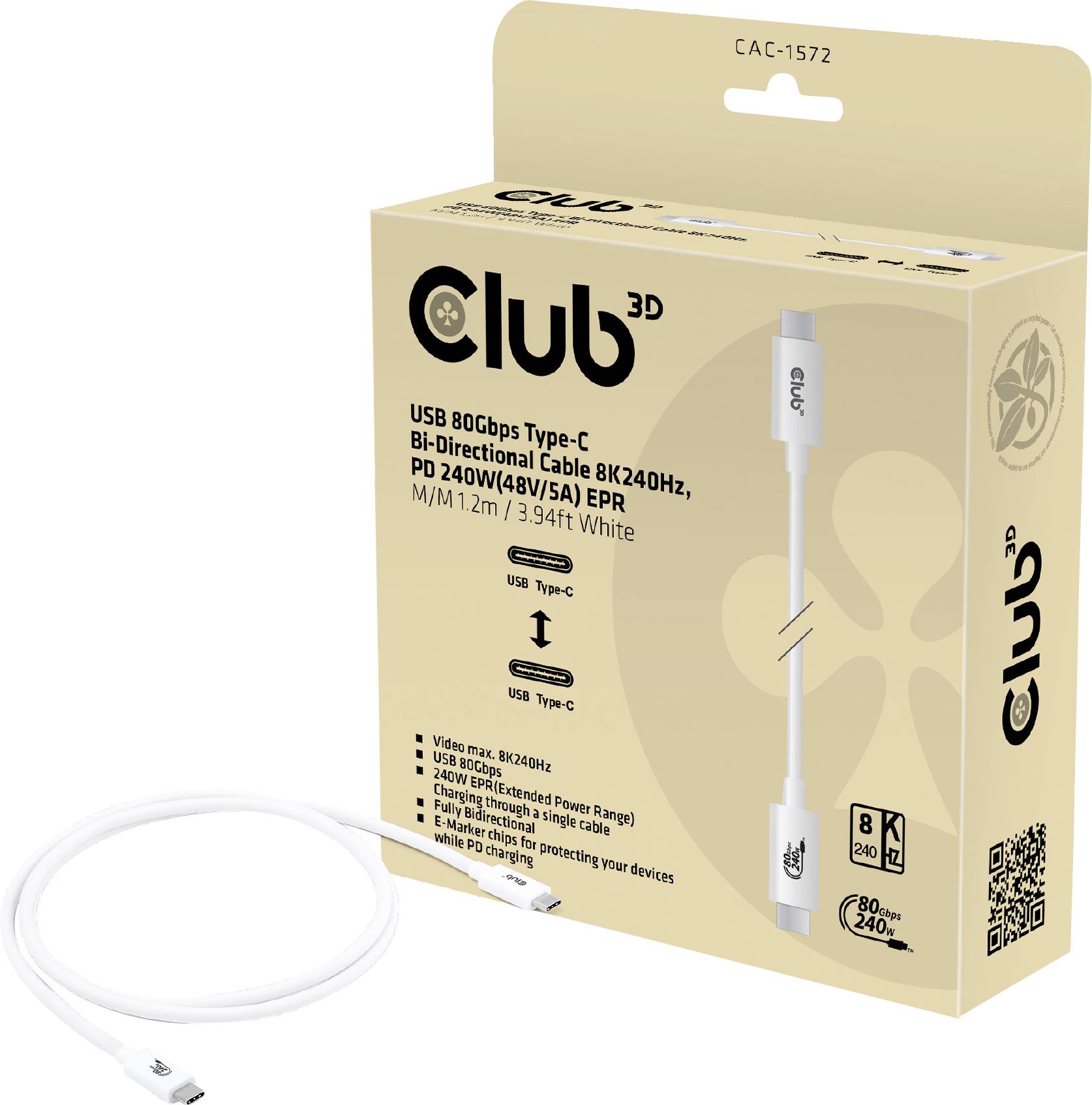 club3D CAC-1572 USB-C-kabel USB 4.0 USB-C stekker 1.20 m Wit