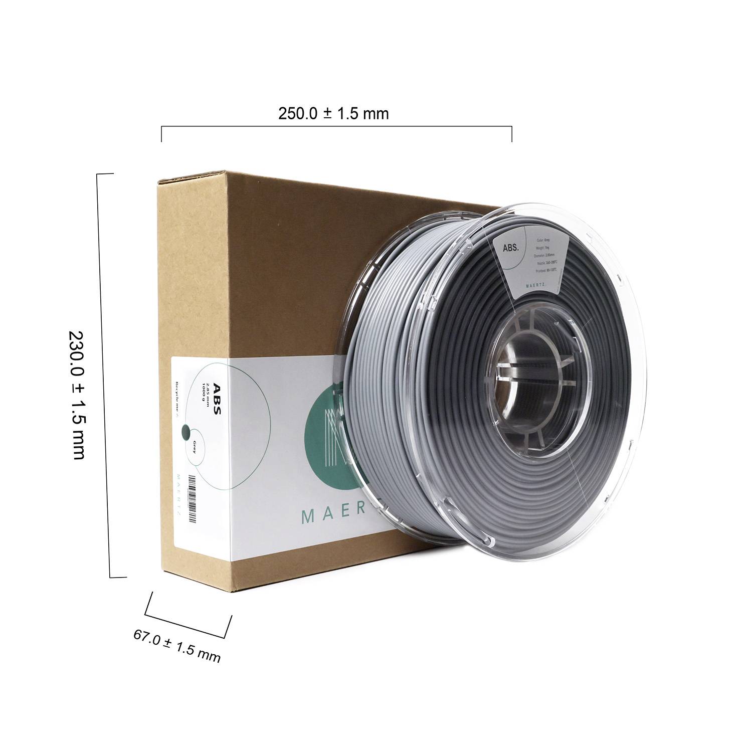 3D-pisač filament na namotaju pored kartonske kutije. Otisnutte dimenzije: 250,0 ± 1,5 mm, 2300 ± 1,5 mm, 67,0 ± 1,5 mm.