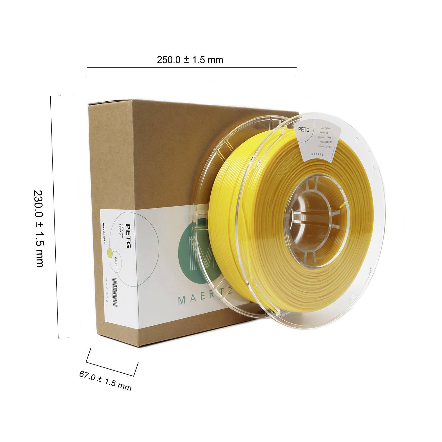 Žuta 3D-pisač rolica filamenta od PETG-a ispred smeđe ambalaže. Prikazane dimenzije: 250 mm, 230 mm, 67 mm.