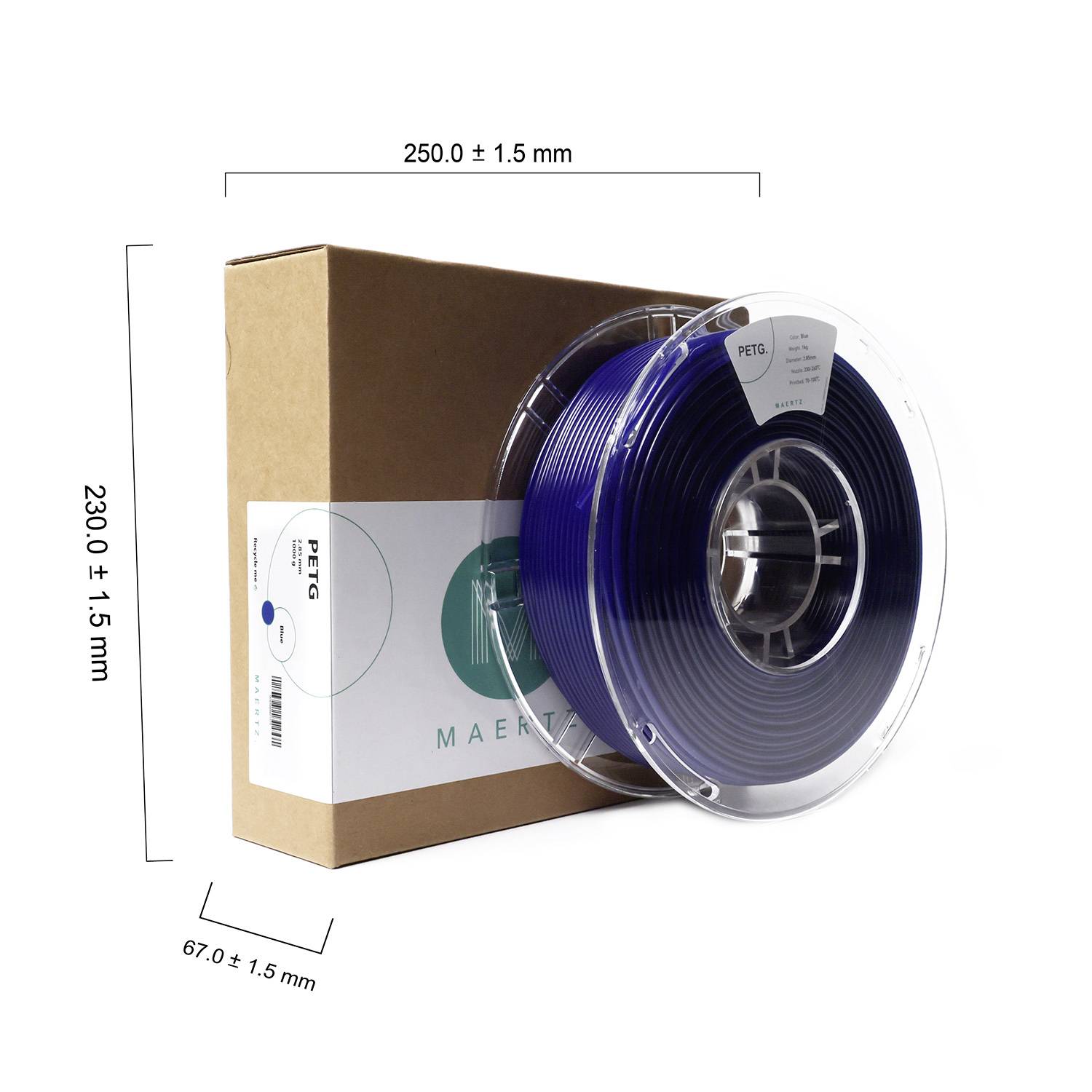 Rolica PETG filamenta u tamno plavoj boji stoji ispred smeđeg pakiranja. Dimenzije su 250 mm x 230 mm x 67 mm.