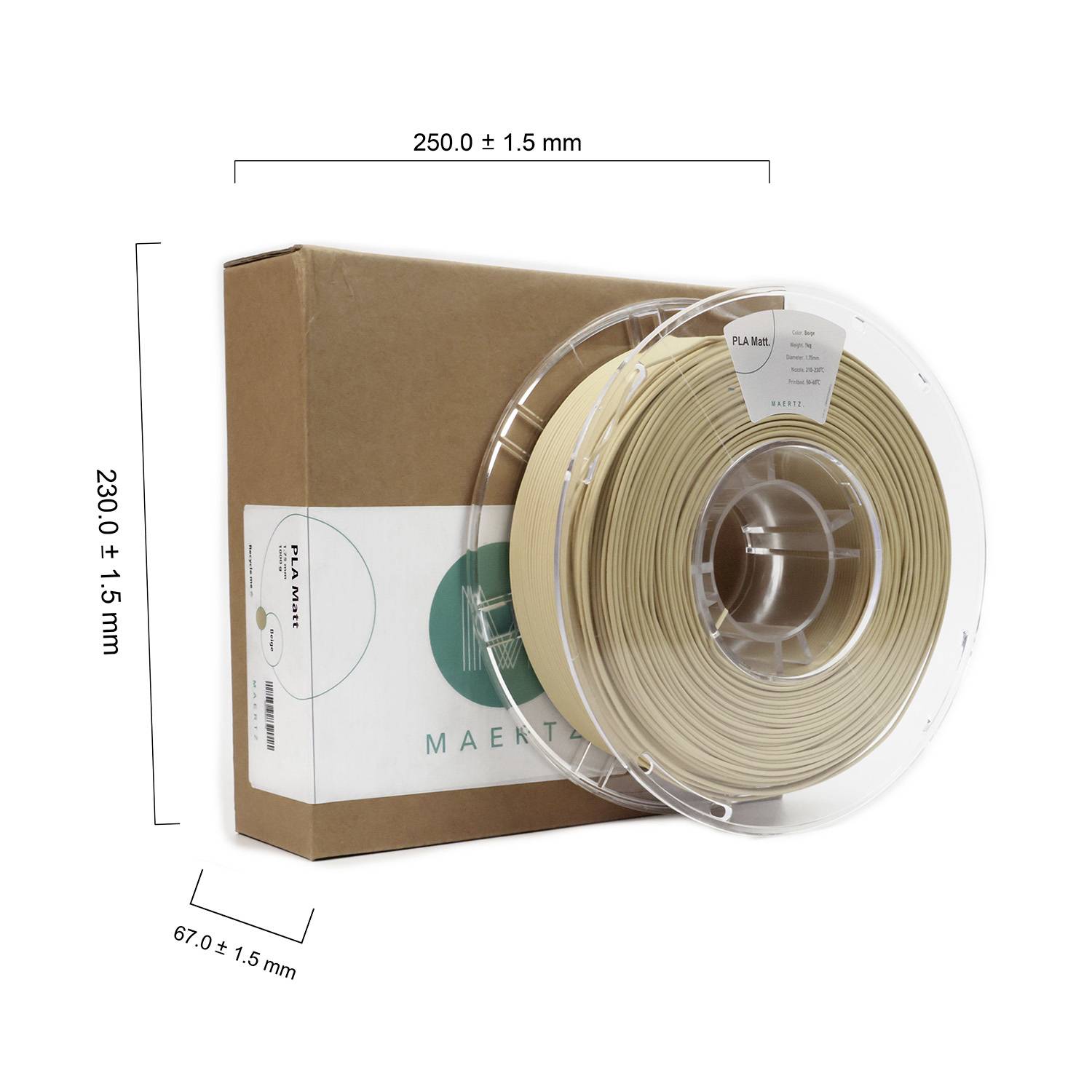 Smeđa kutija i prozirna rolna s filamentom. Oznaka pokazuje 'PLA Basic' u prirodnoj boji. Dimenzije kutije: 250 x 230 x 67 mm.