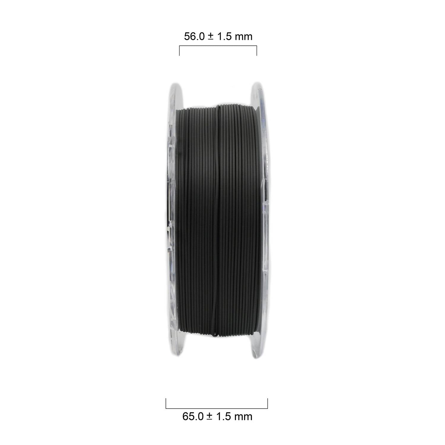 Crna špula filamenta dimenzija 56 mm ± 1,5 mm x 65 mm ± 1,5 mm, postavljena na prozirnoj plastičnoj rolni.