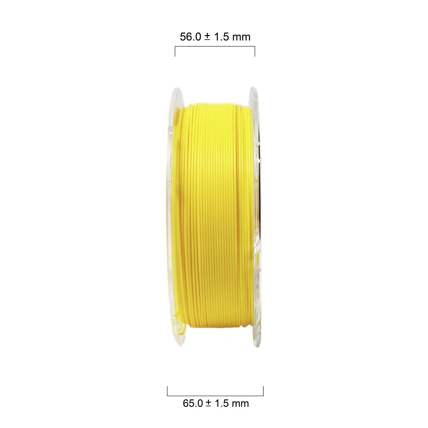 Žuta špula filamenata za 3D printer, promjer 56,0 ± 1,5 mm, širina 65,0 ± 1,5 mm.