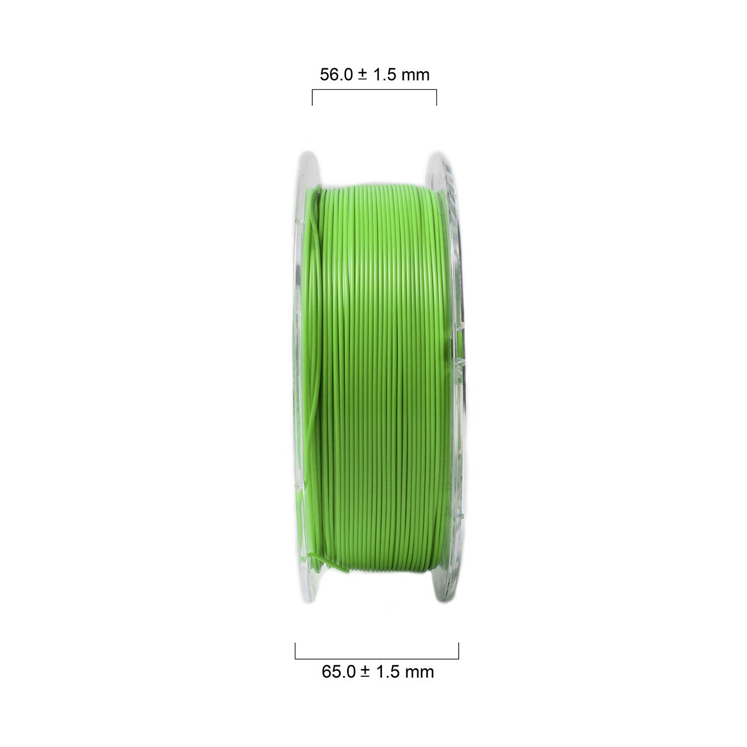 Zelena filamentna rolna za 3D printer, poprečni presjek, navodi promjera: 56,0 ± 1,5 mm i 65,0 ± 1,5 mm.