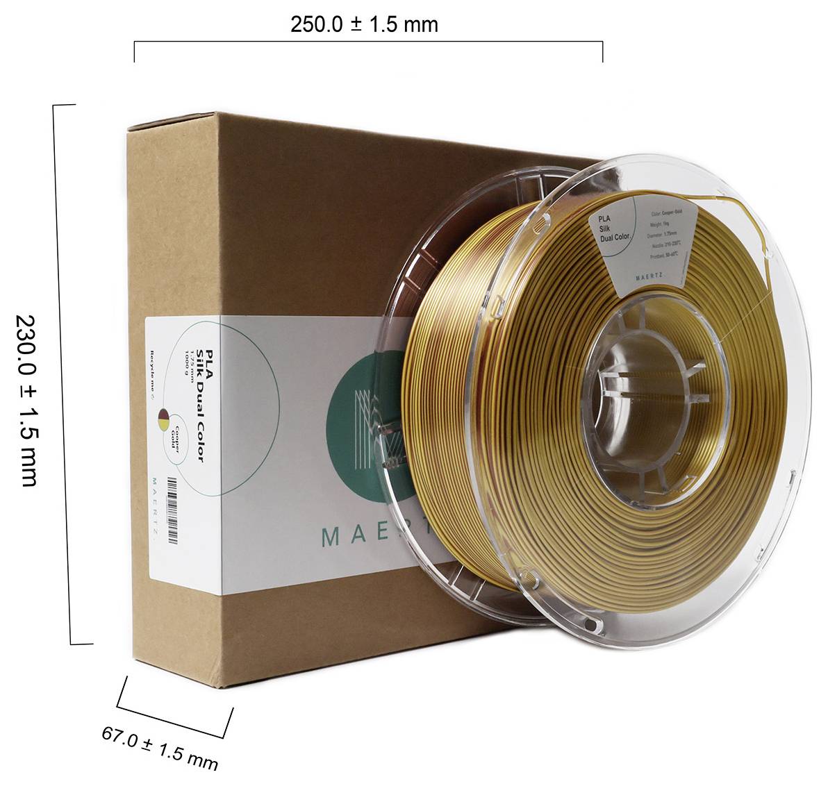 Kartonska ambalaža pored role zlatne 3D tiskarske niti. Dimenzije navedene: 250 x 230 x 67 mm.