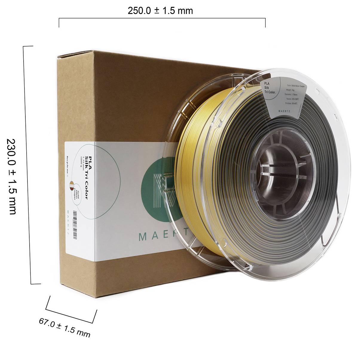 Ritka žute PLA niti stoji vertikalno ispred smeđe kutije za pakiranje. Dimenzije: 250 mm širine, 230 mm visine, 67 mm dubine.