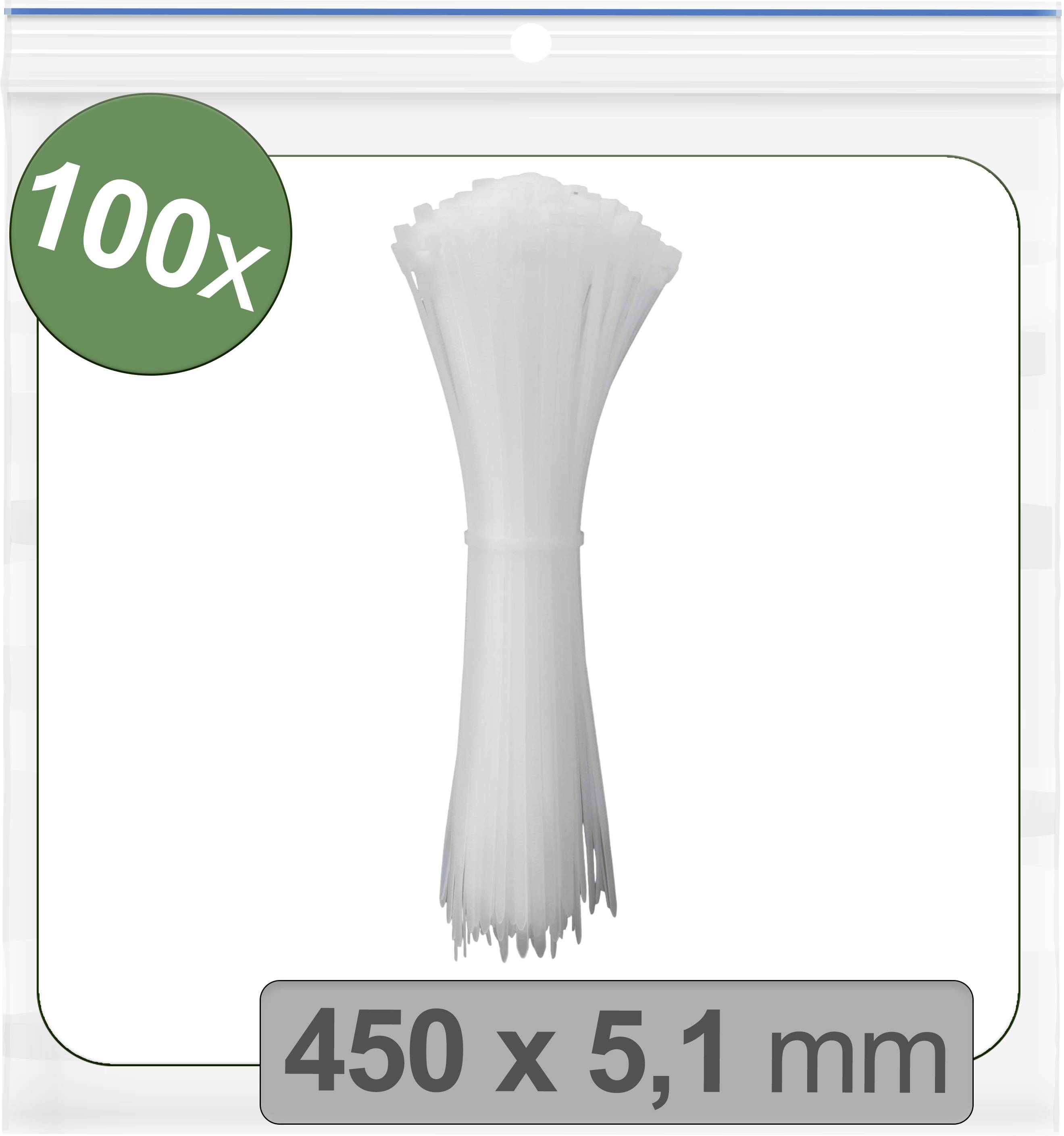 Snop bijelih vezica za kabove, 100 komada. Dimenzije: 450 x 5,1 mm. Pakiranje s zelenim krugom koji prikazuje '100x'.