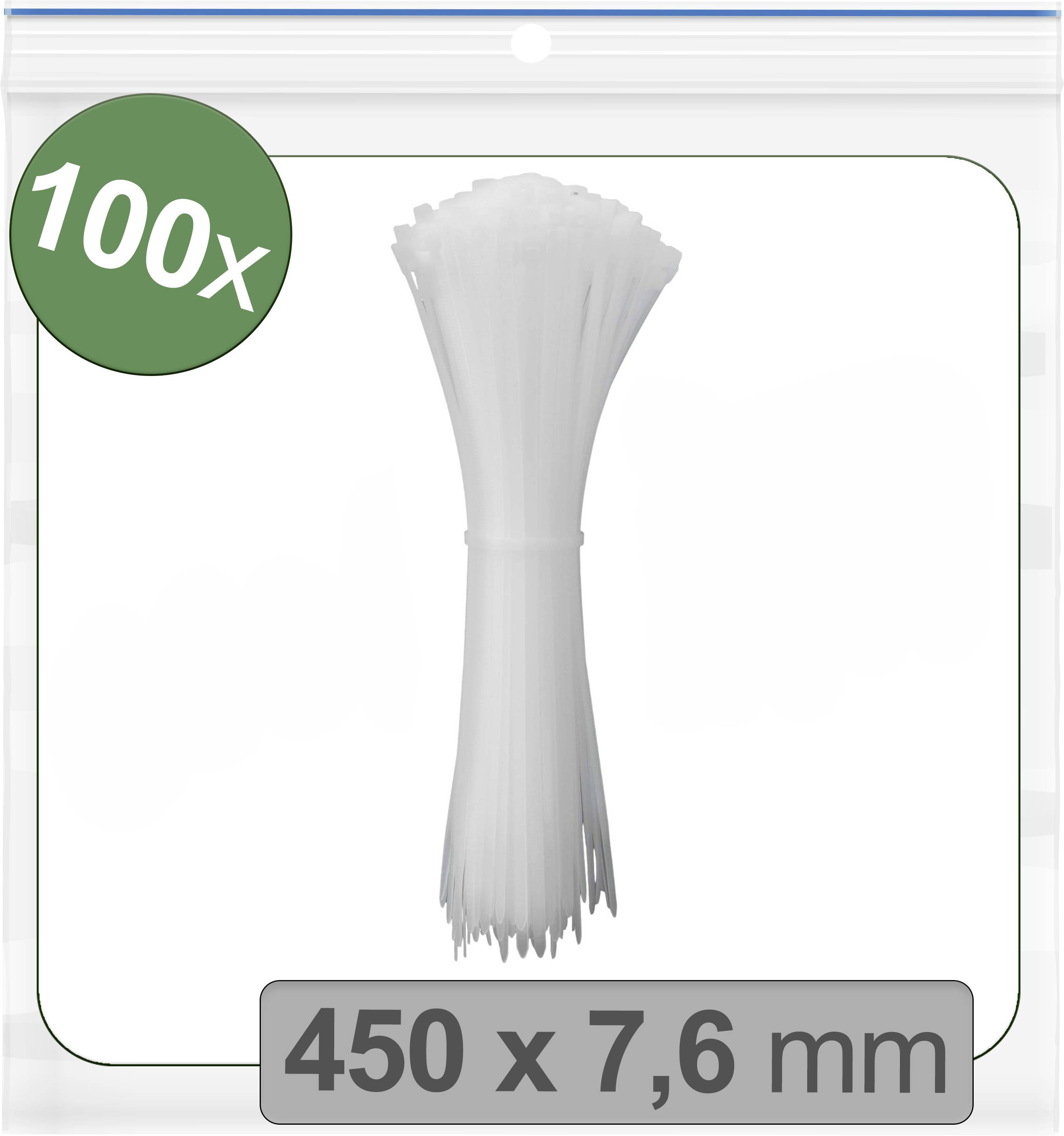 Snop bijelih kabelskih vezica ispred bijele pozadine. Pakiranju je označeno '100x' i dimenzije '450 x 7,6 mm'.