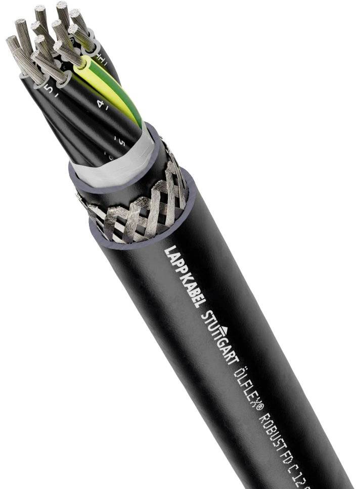 Višežilni crni kabel, djelomično ogoljen, prikazuje različite obojene žice. Na kabelu piše: 'LAPPKABEL STUTTGART ÖLFLEX® ROBUST FC 12G1'.
