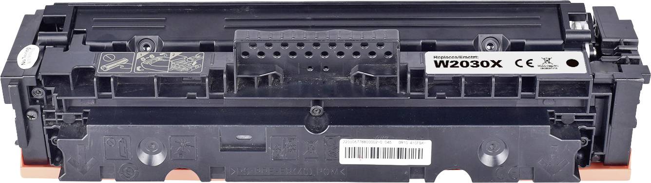Crna toner kaseta s natpisom 'W2030X', oznakom proizvođača i sigurnosnim certifikatima na prednjoj strani.