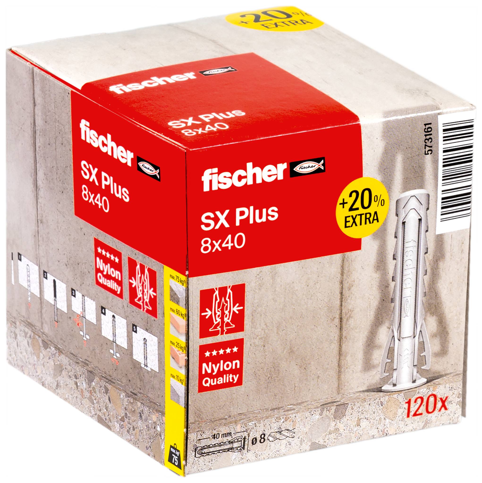 Kutija Fischer SX Plus 8x40 nailonskih sidrenih zavesa za zidove, označena sa '+20% EXTRA' i '120x', prikazana na pakiranju proizvoda.